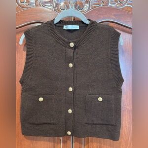 Zara Chocolate Knit Sweater Vest with gold buttons